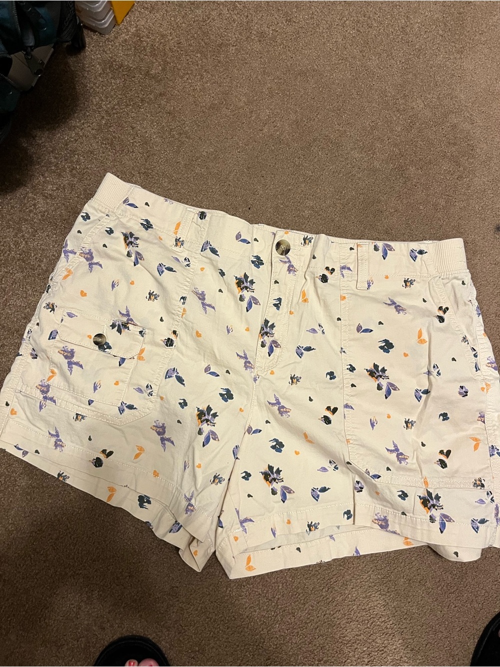 Sonoma Cream Floral Cargo Shorts with Purple & Orange Print
